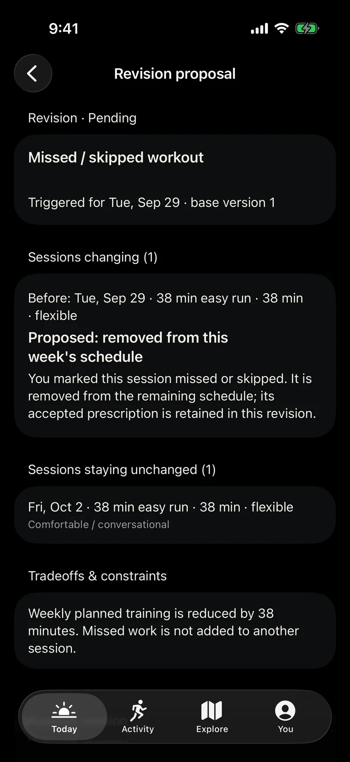 A revision proposal for a missed session: it is removed from the week and the missed work is not added to another session.