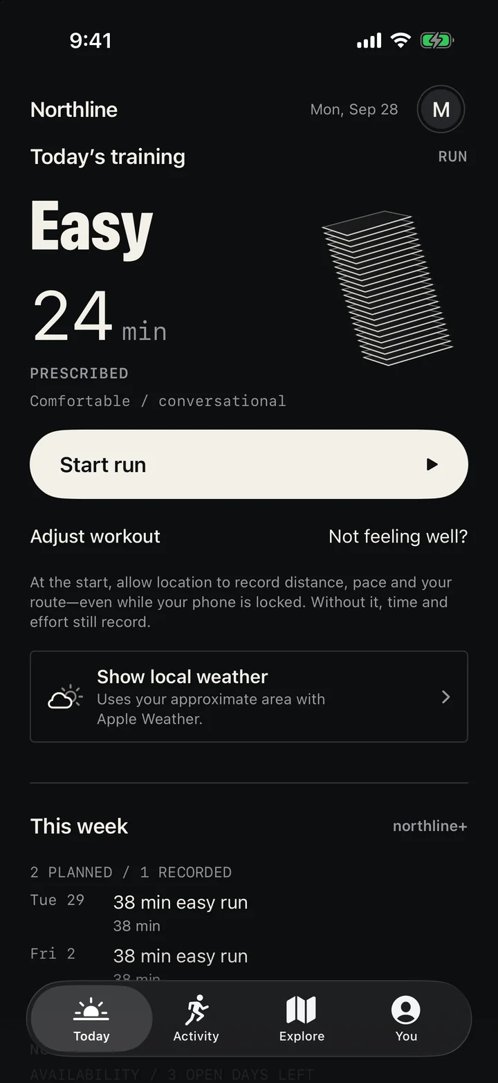 Northline’s Today screen: today’s prescribed easy run with a start button.