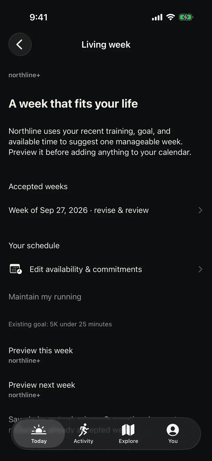 Northline’s Living week screen: a week that fits your life, built from recent training, goal and available time.